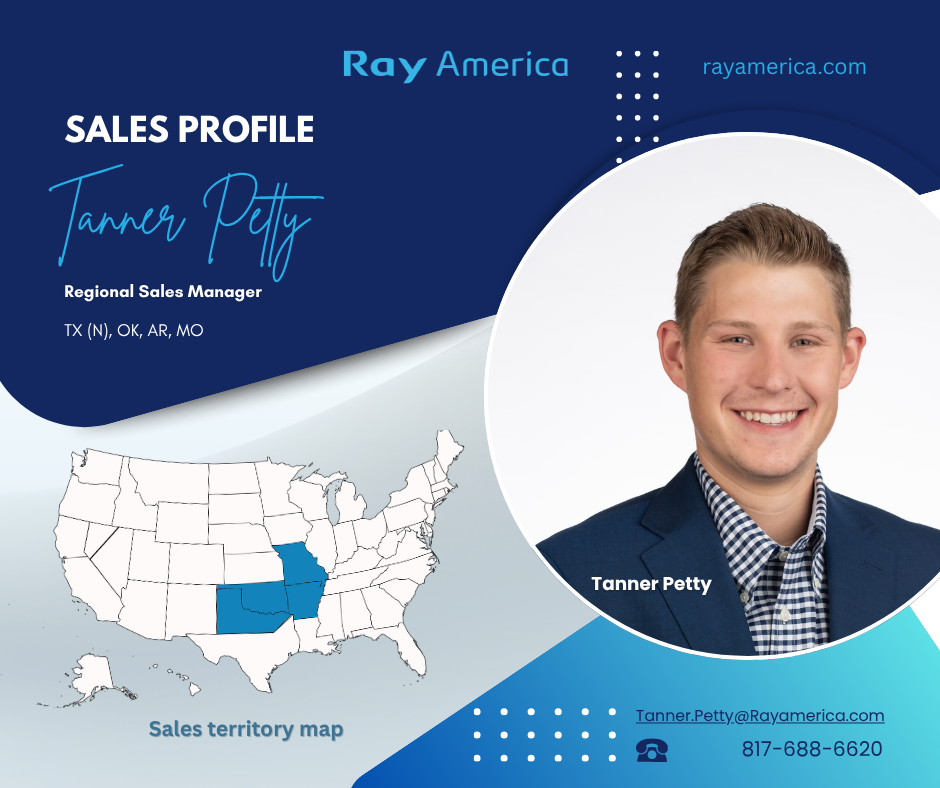 Business card for Tanner Petty, Regional Sales Manager at Ray America. The card features his photo, contact info, and a map highlighting sales territory in Texas, Oklahoma, Arkansas, and Missouri.