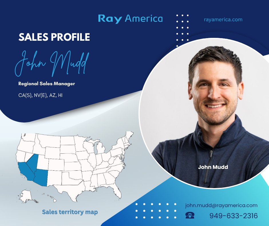 Business sales profile slide for Ray America featuring a photo of John Mudd, Regional Sales Manager, smiling in a navy jacket. The slide includes a sales territory map highlighting California, Nevada, Arizona, and Hawaii. It displays contact information, website, and a decorative blue design.