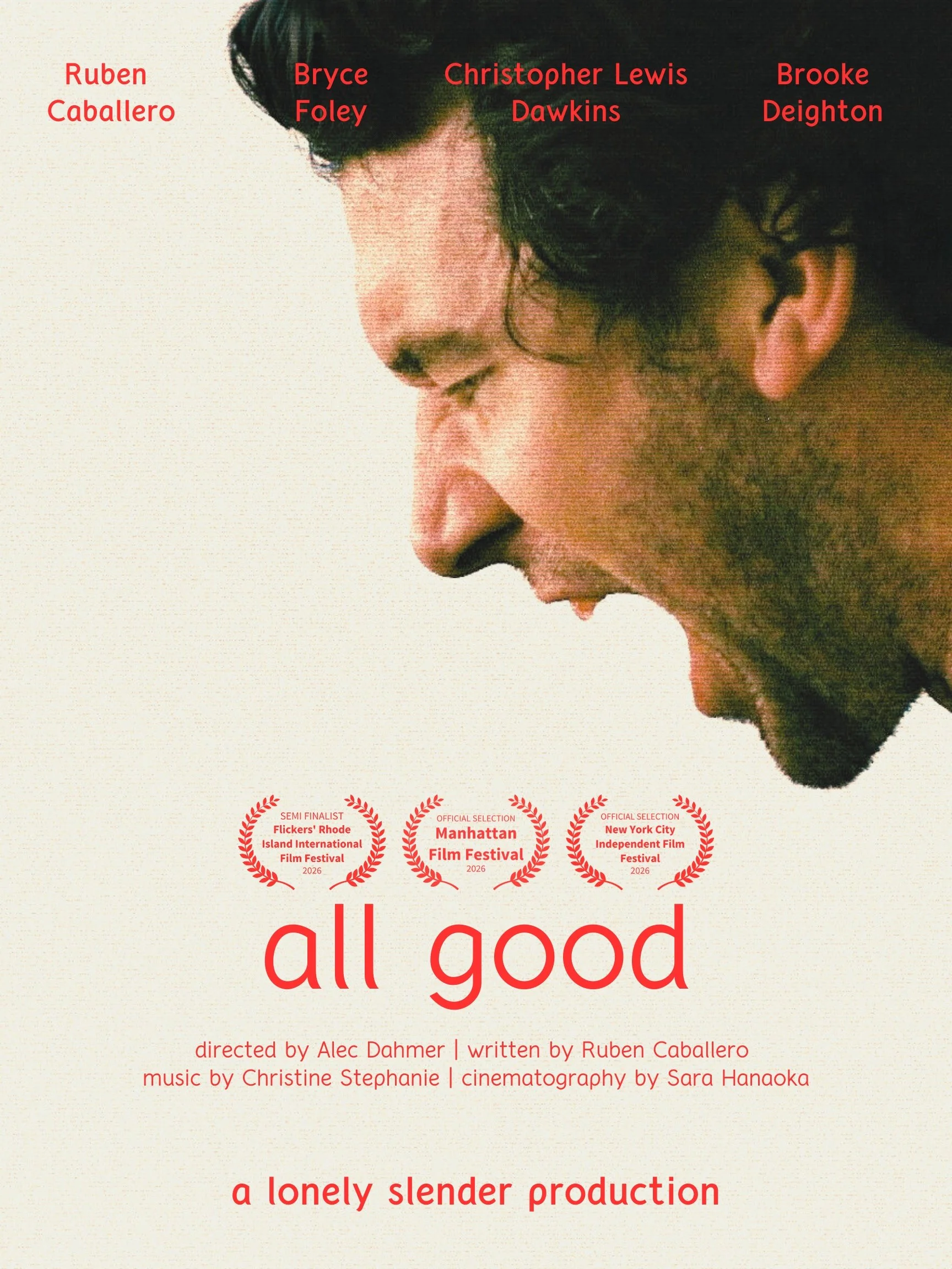 Close-up of a movie poster for a film titled 'all good' showing a young man with dark curly hair looking downward against a plain light background. Red text highlights its award nominations and festival selections.