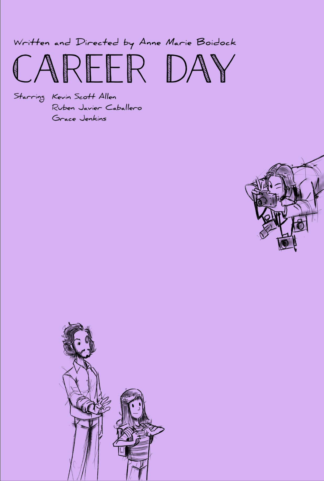 The cover of the book titled "Career Day," written and directed by Anne Marie Boidock. The cover features sketches of characters including a girl taking a photo with a camera, a bearded man, and a girl with a backpack, drawn on a purple background.