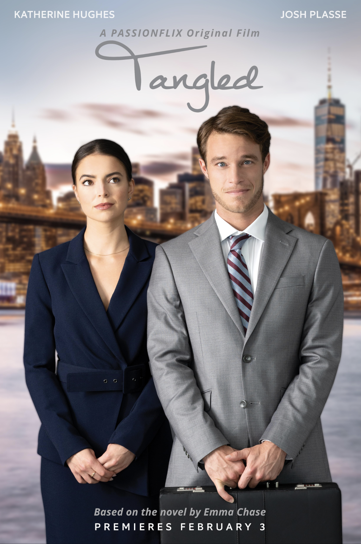 A promotional poster for the film 'Tangled' features a woman in a blue blazer and a man in a gray suit holding a briefcase, standing in front of a city skyline with a bridge at sunset.
