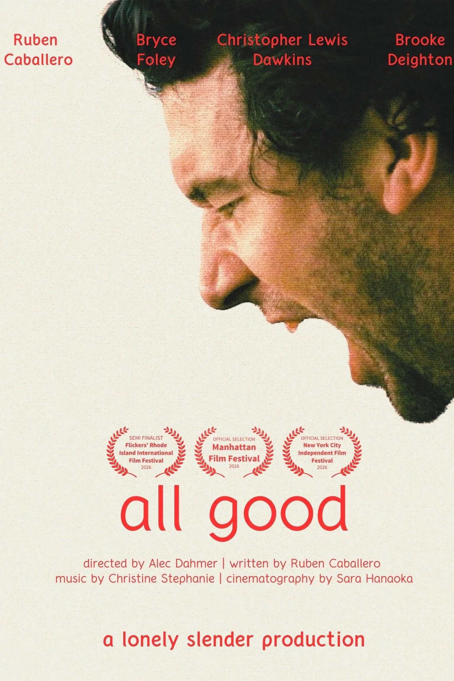 Close-up of a film poster featuring a young man with dark curly hair, looking down with his mouth open. The poster includes award nominations and festival selections in red text above and below his image, and credits at the bottom for the director, writer, music composer, and cinematographer.