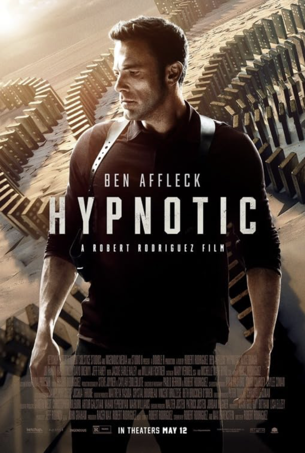 Poster for the movie 'Hypnotic' featuring actor Ben Affleck with a background of a mysterious hypnotic swirling pattern.