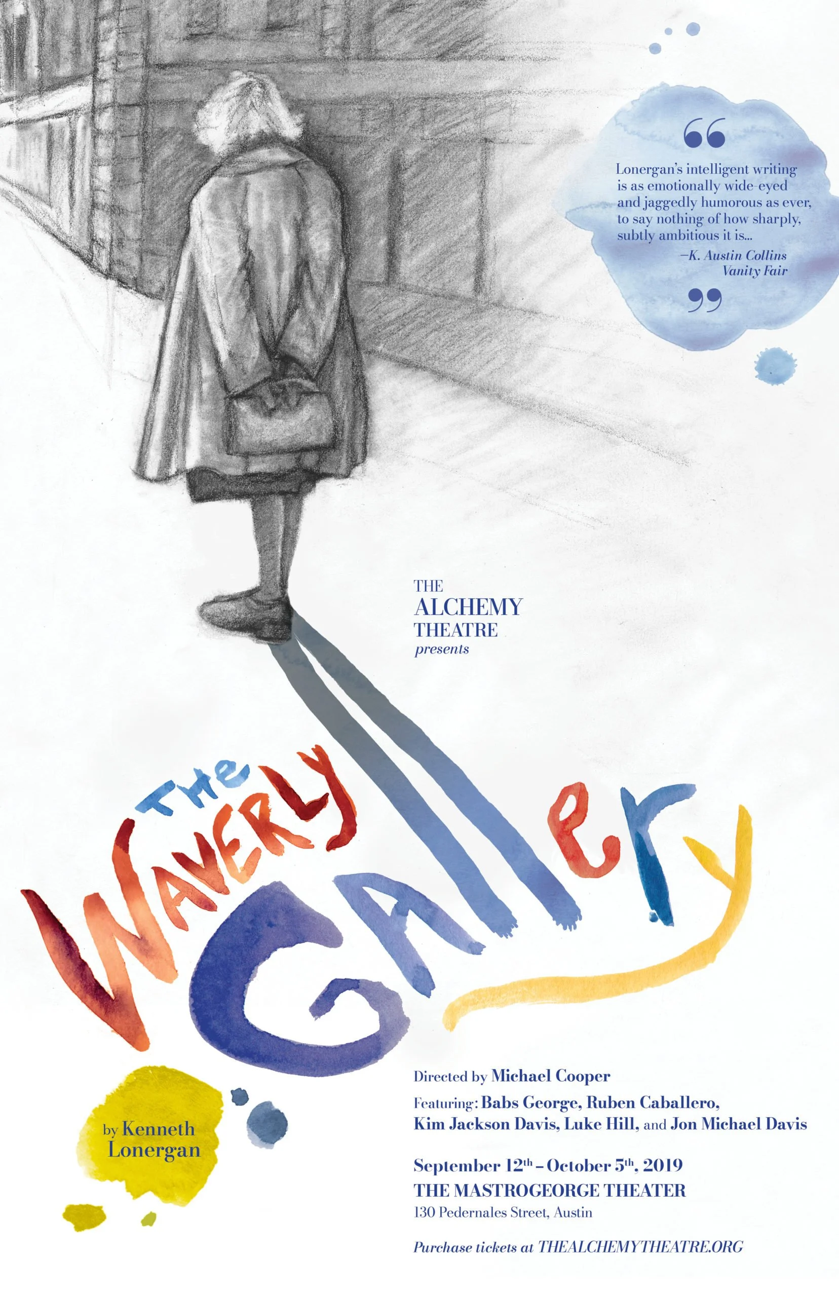 Event poster for a theatrical production titled 'The Alchemy Theatre presents' directed by Michael Cooper, featuring actors Babs George, Ruben Caballero, Kim Jackson Davis, Luke Hill, and Jon Michael Davis. Scheduled from September 12th to October 5th, 2019 at The Mastrogeorge Theater, 130 Pedernales Street, Austin. The poster includes a drawing of a person with their back turned, standing in front of a window or door, with a quote about Lonergan's writing, and colorful handwritten words saying 'The Inherent Wonder.'