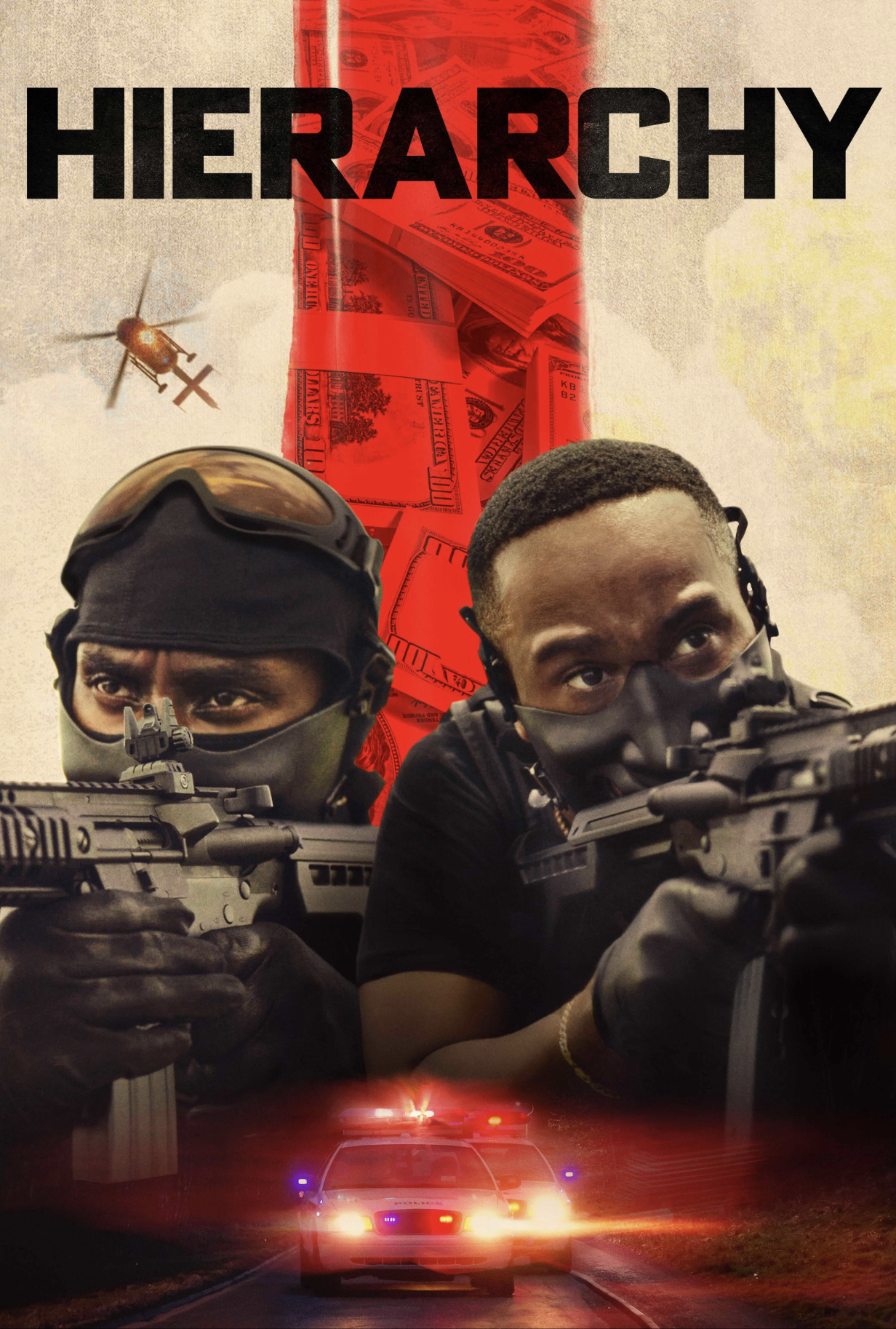 Two armed soldiers aiming their guns, wearing tactical gear and masks, with a red barrier of money and a helicopter in the background. A police car with flashing lights on a road below.