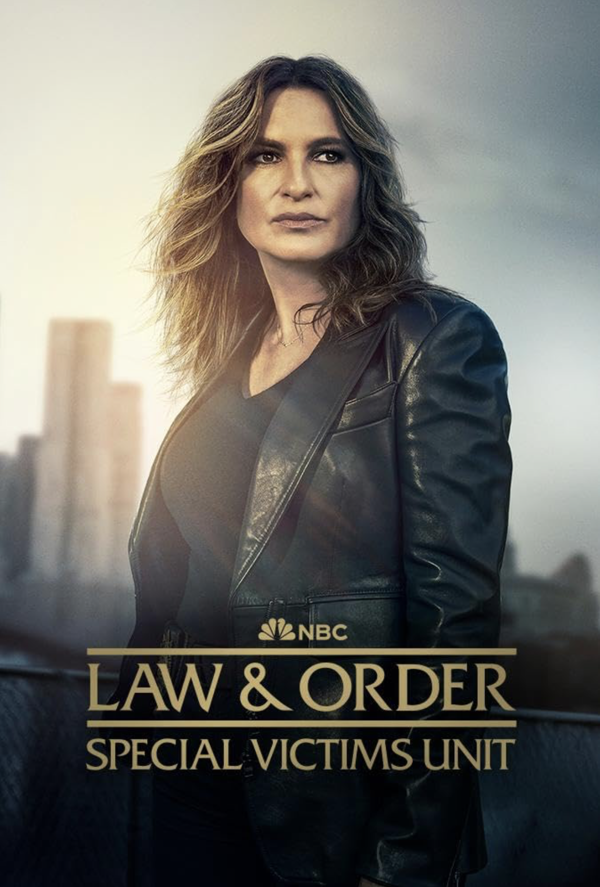 Promotional poster for NBC's 'Law & Order: Special Victims Unit' featuring a woman with shoulder-length wavy hair, wearing a black leather jacket, against a cityscape background.