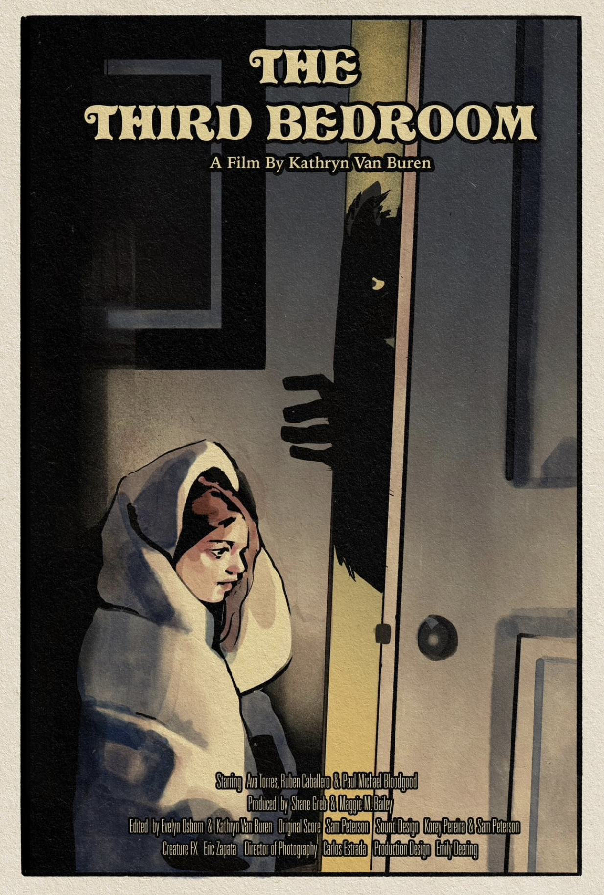 The movie poster for "The Third Bedroom" features a woman in a hoodie peering out from behind a partial wall, with a dark, shadowy background and some credits listed at the bottom.