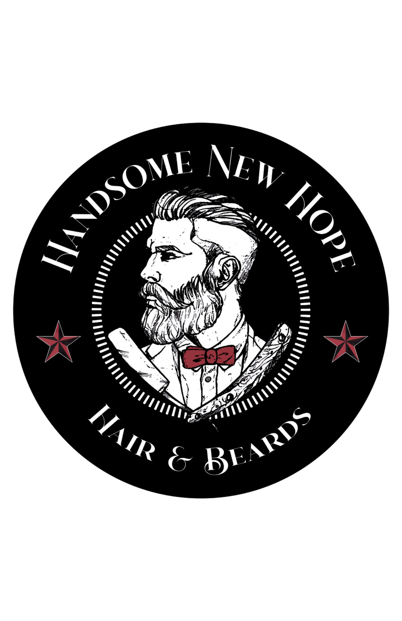 A circular logo for a hair and beard grooming business, featuring a black and white illustration of a stylish man with a well-groomed beard and hair, wearing a bowtie. The text reads 'Handsome New Hope Hair & Beards' with red stars on either side.