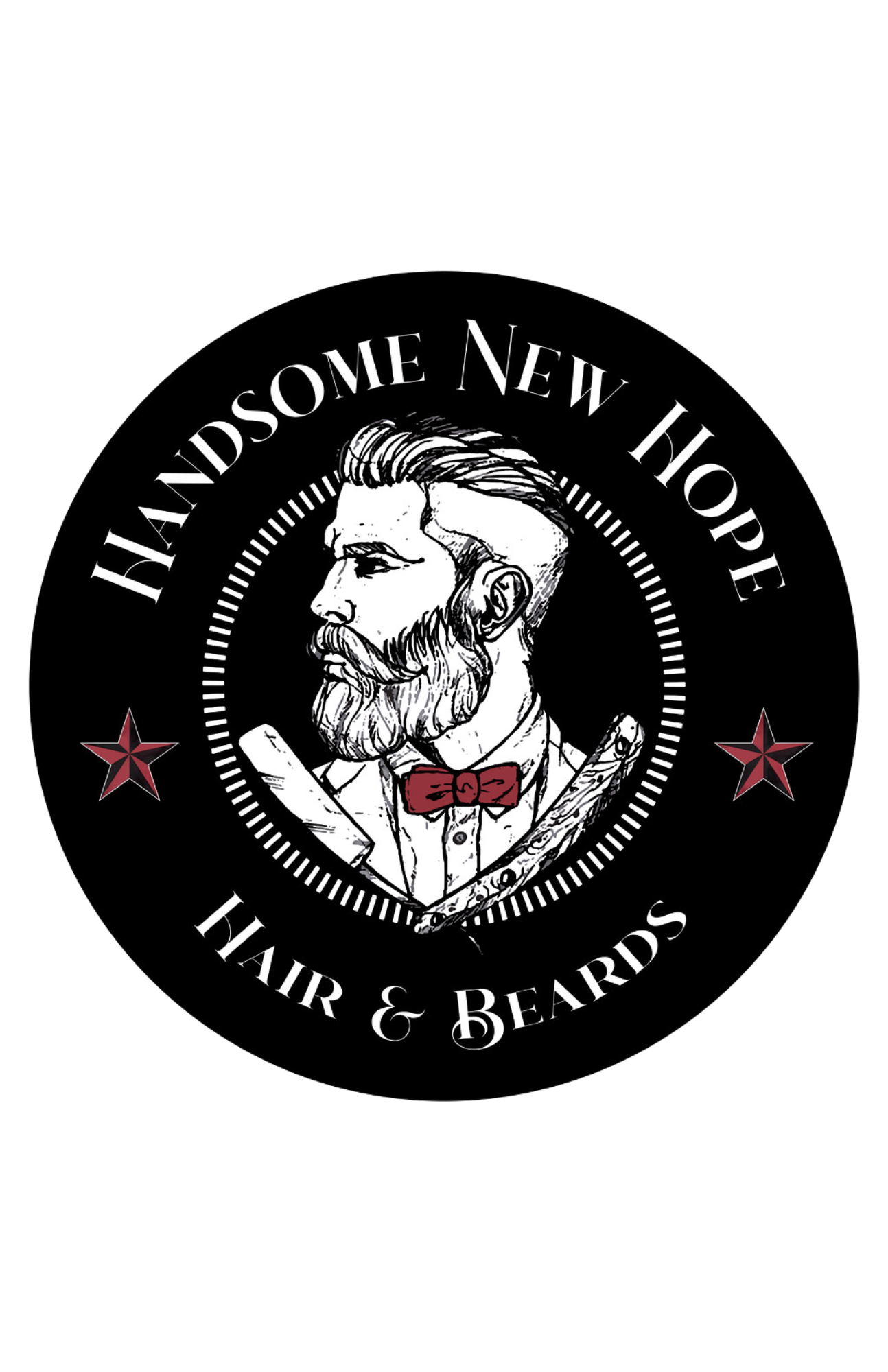 Black circular logo with a drawing of a man with a beard and styled hair, holding scissors and a comb. Around the image, the text reads 'HANDsomE NEw I HopE', 'HAIR & BEARDS'.