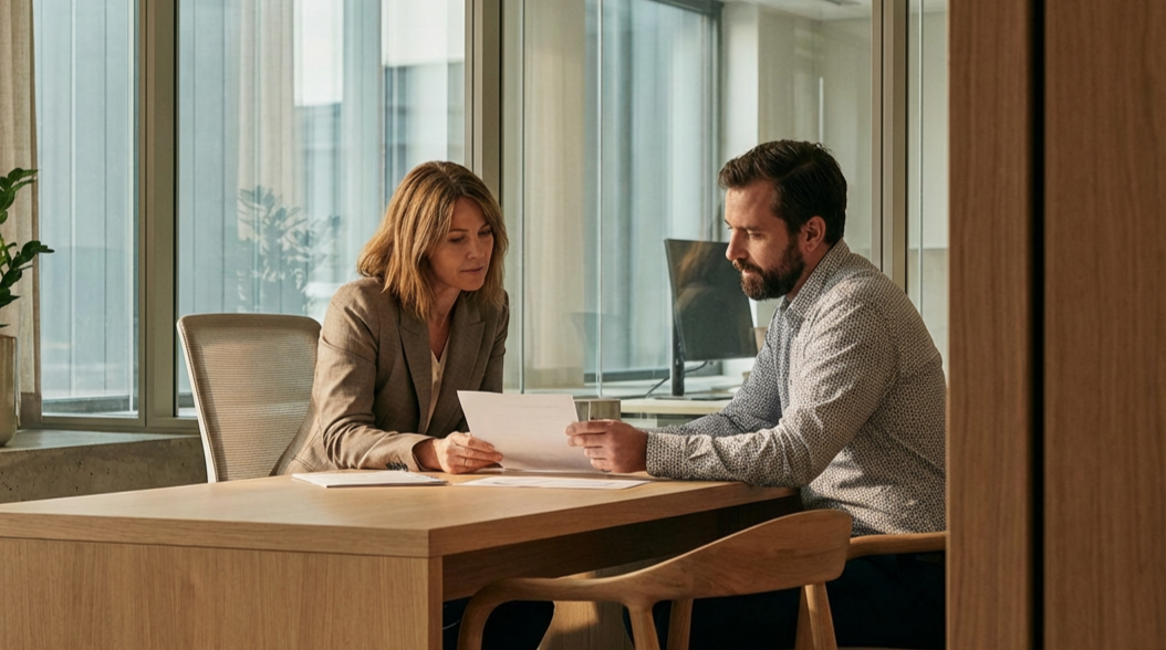 Two people in a professional office setting, looking at documents across a wooden desk.