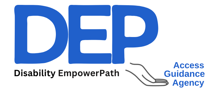 Logo for Disability EmpowerPath featuring a large blue 'DEP' with black and blue text and an illustration of an open hand. The open hand guides to DEP's values of Access, Guidance, and Agency