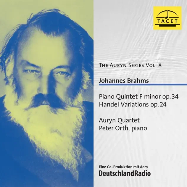 Album cover featuring a split design with a yellow-tinted portrait of Johannes Brahms on the left and a white textured background on the right. Text indicates it is part of The Auryn Series Vol. X, performed by Auryn Quartet with pianist Peter Orth, featuring Brahms piano quintet and variations.