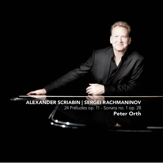Portrait of Peter Orth dressed in black, leaning on a grand piano, with text listing musical pieces by Alexander Scriabin, Sergei Rachmaninoff, and performer Peter Orth.
