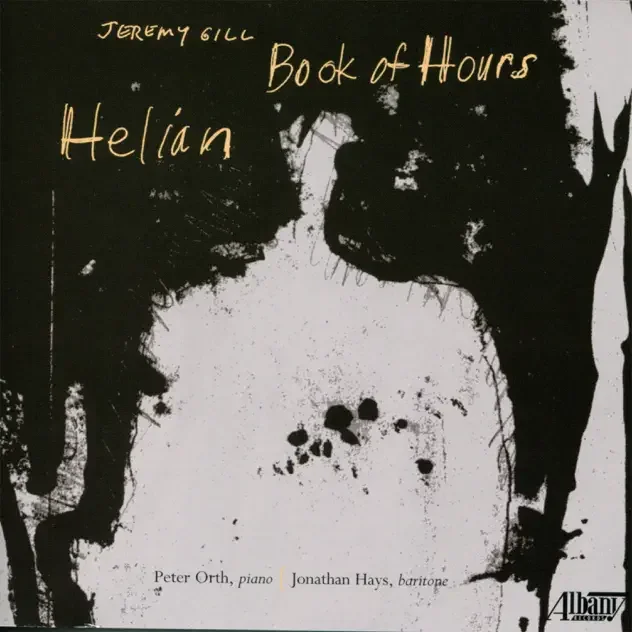Cover image of the album 'Book of Hours' by Jeremy Gill featuring a black and white abstract ink illustration of a cat's face, with the title and artist information written in gold and black text.