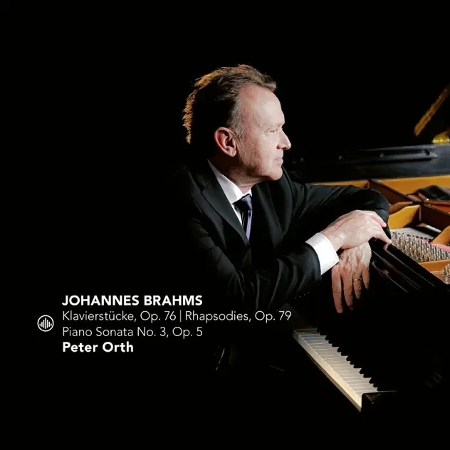 Portrait of Peter Orth playing a grand piano against a black background, with text listing Johannes Brahms' piano compositions and his name.