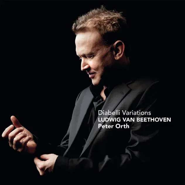 Album cover featuring Peter Orth in a black suit smiling and looking down, with text that reads "Diabelli Variations Ludwig Van Beethoven Peter Orth" against a black background.