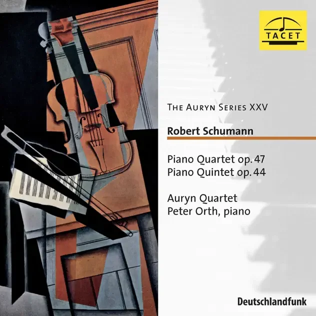 Album cover featuring abstract artwork of musical instruments and text about classical compositions by Robert Schumann, including piano quartet op.47, piano quintet op.44, performed by Auryn Quartet with Peter Orth on piano, released by Deutschlandfunk.