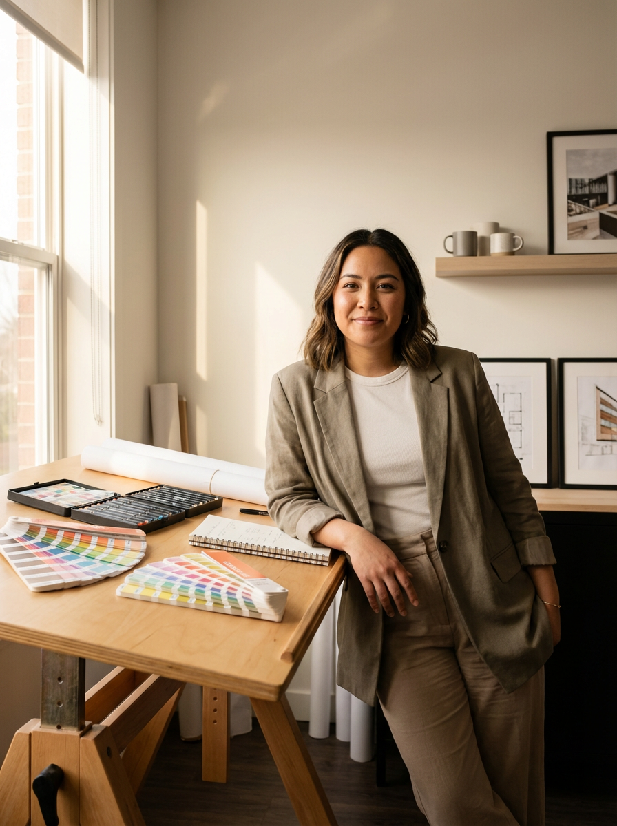 A woman in a beige blazer and pants leaning on a wooden table in a well-lit room with brainstormed color palettes, notebooks, and design plans.