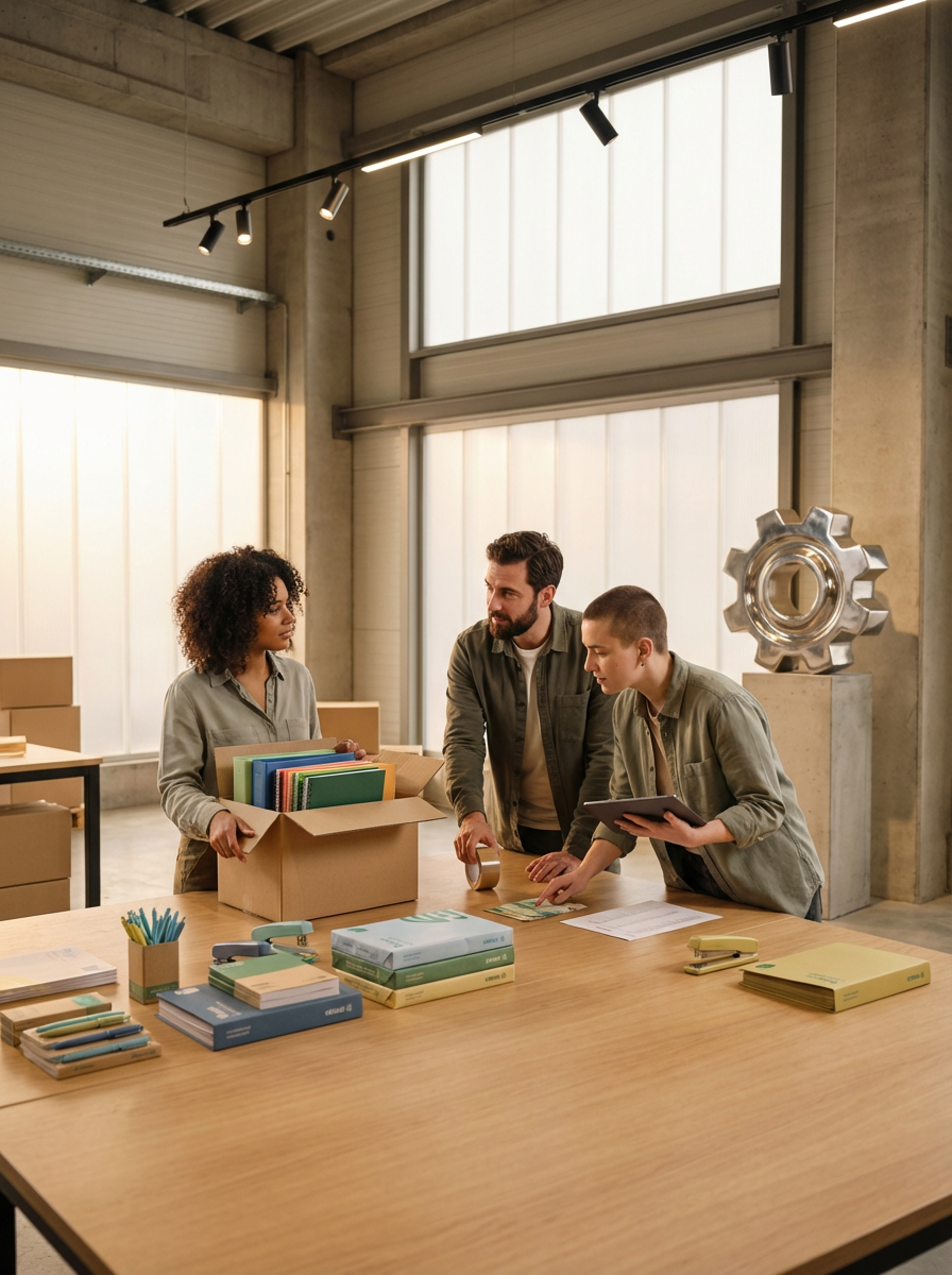 Three people in a modern industrial-style office or workspace with large windows and concrete walls, discussing work documents at a wooden table with various office supplies, and a large metallic gear sculpture in the background.