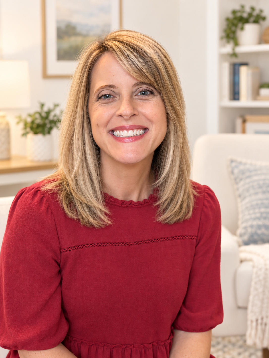 A woman with shoulder-length blonde hair smiling, wearing a red dress, in a cozy living room with a white sofa, patterned pillow, bookshelf, and a framed picture on the wall.