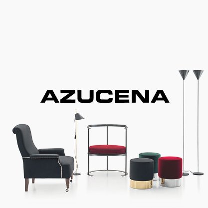A modern furniture display with a black armchair, various small round stools, and two floor lamps, with the word 'AZUCENA' in bold black letters on a white background.