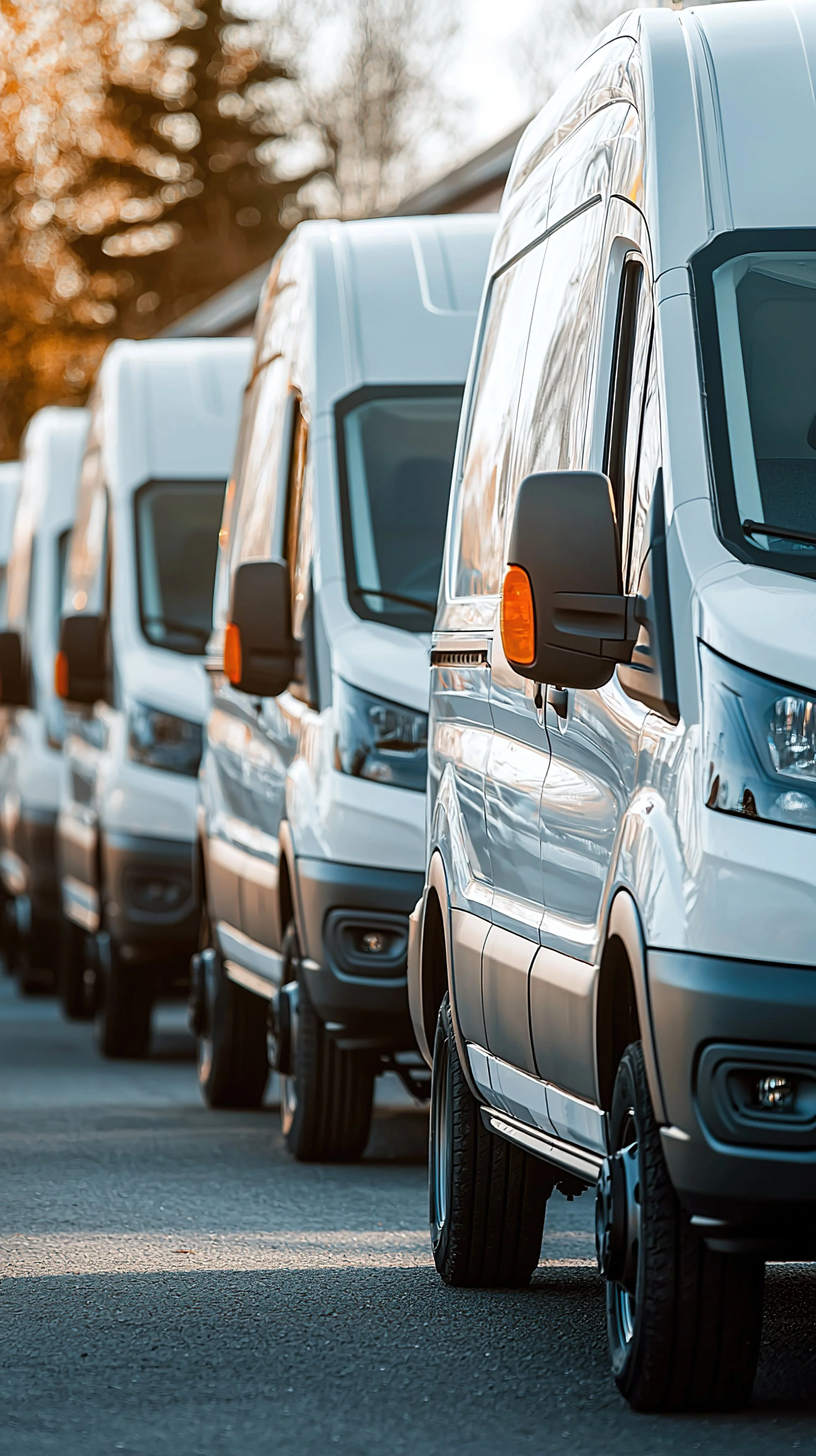 Line of white commercial vans parked outdoors with trees in the background.
