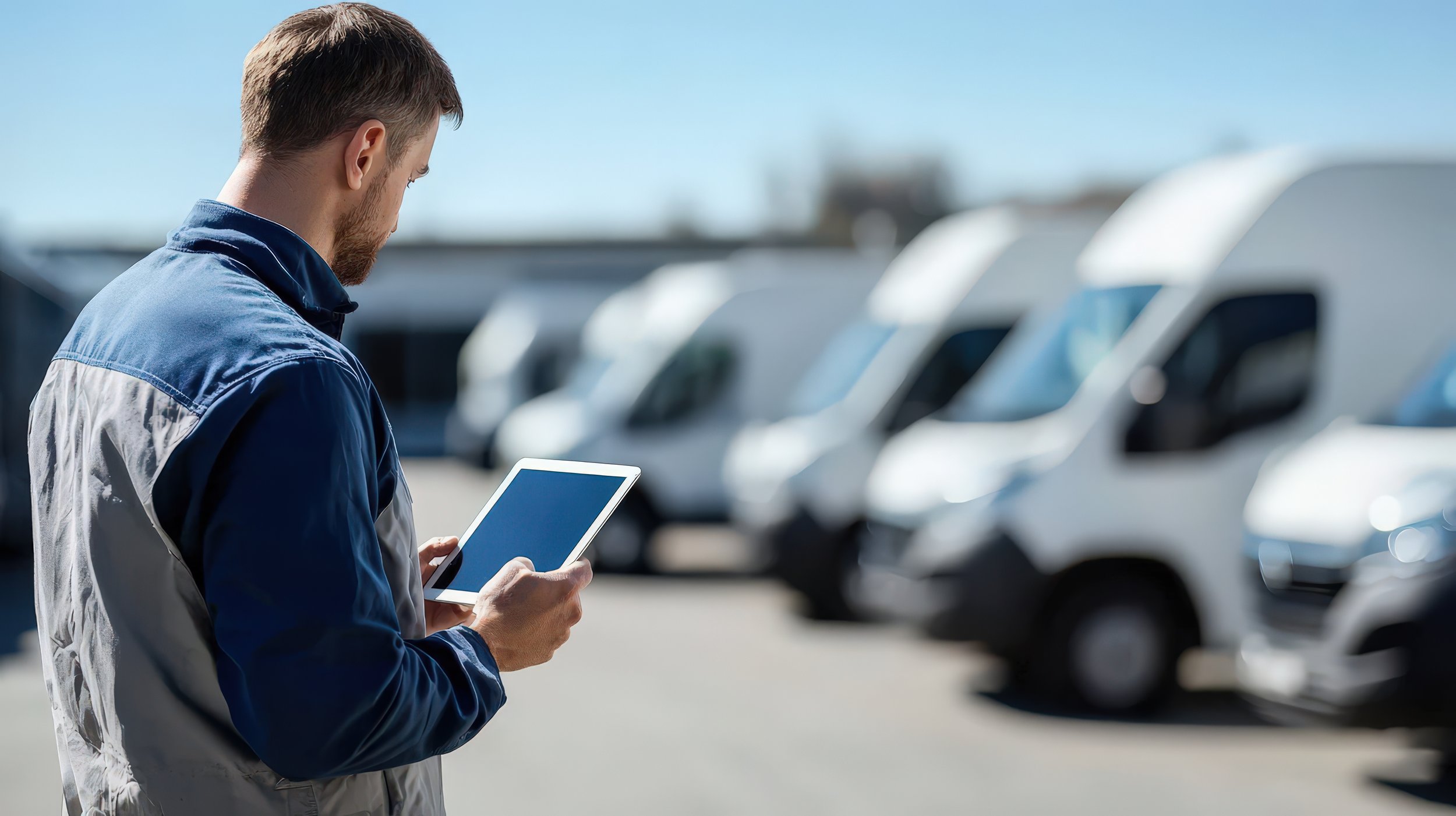 A man in a blue and gray jacket is looking at a tablet while standing in front of a row of white vans outdoors.