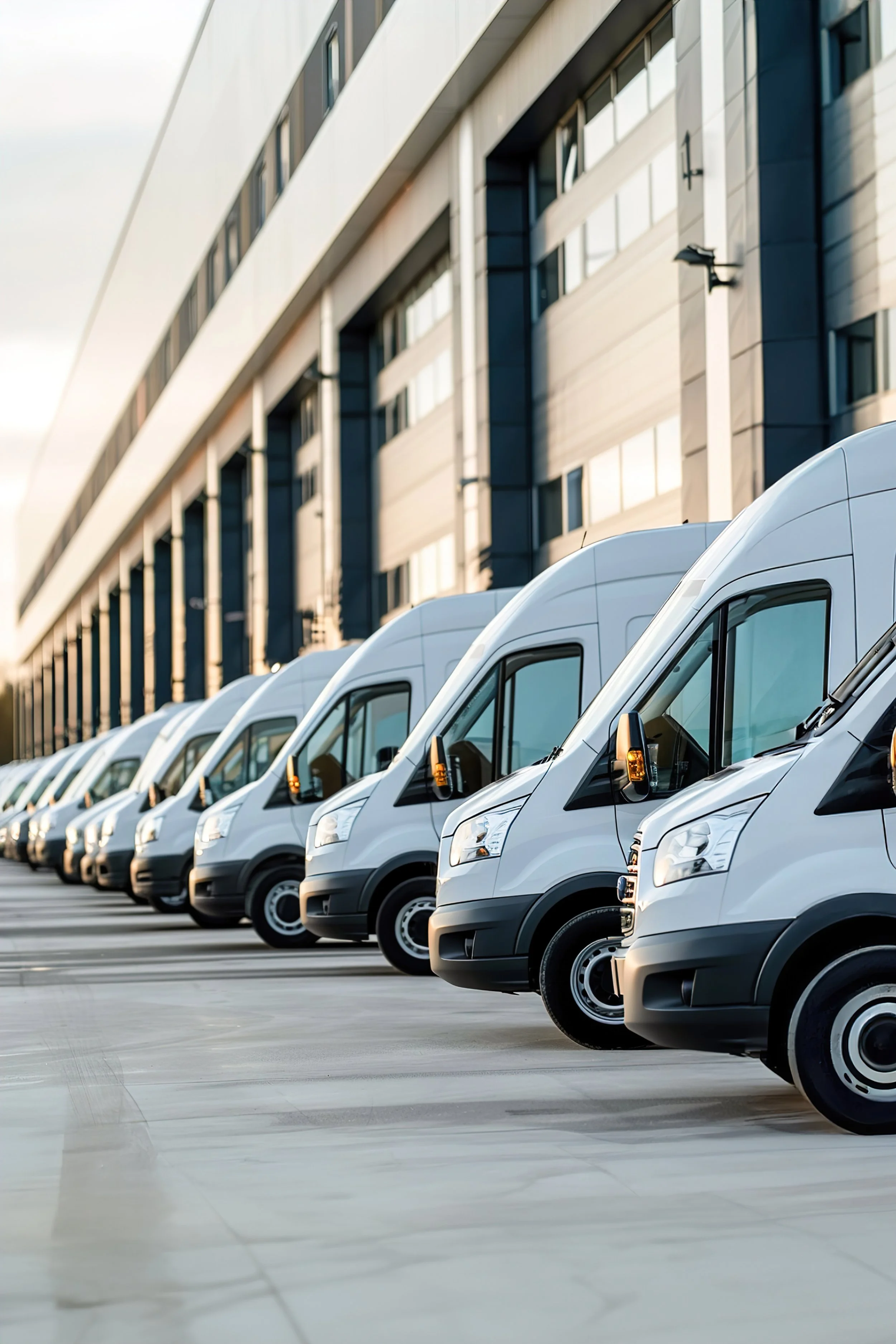 Line of white vans parked in front of a modern multi-story building with large windows, possibly at a commercial or industrial area.