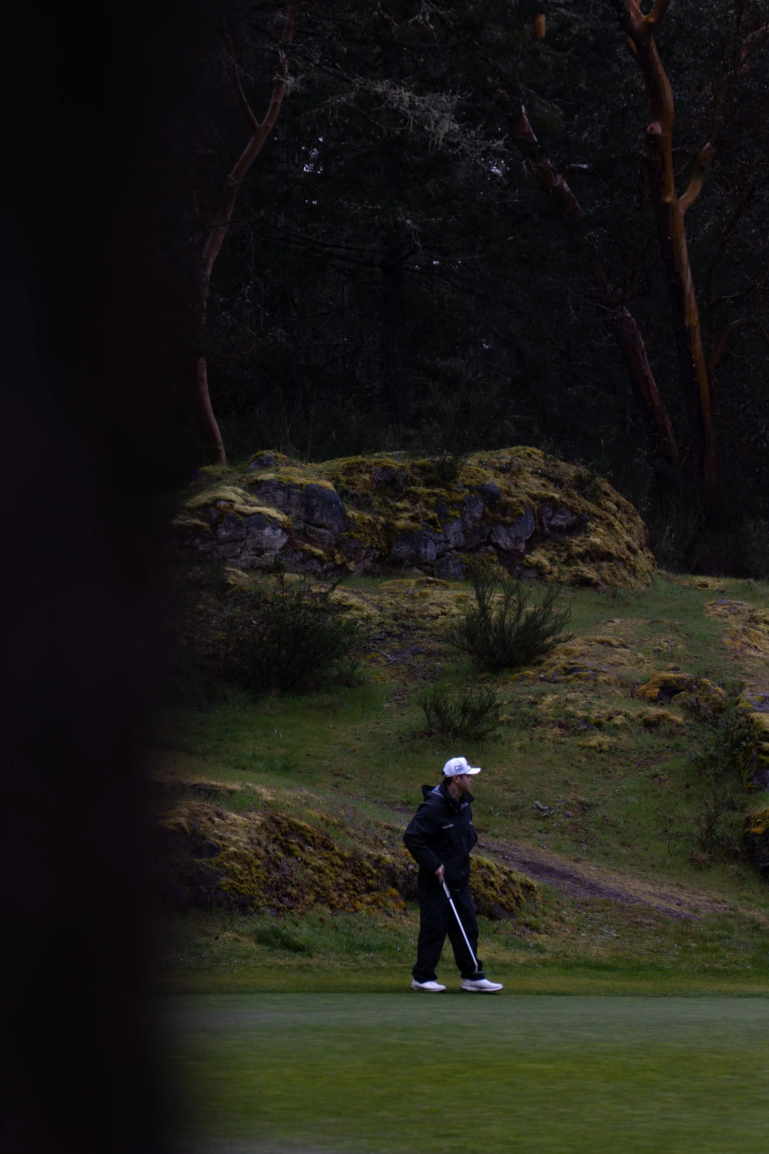 A man in a black jacket, black pants, and a white cap stands on a golf course, holding a golf club, with trees and moss-covered rocks in the background.
