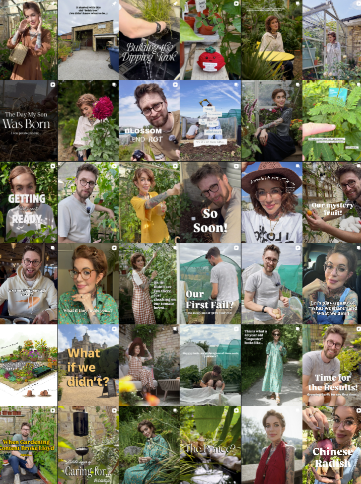 Collage of people gardening, planting, and enjoying outdoor activities in a greenhouse and garden setting, with text overlays about gardening and growth.