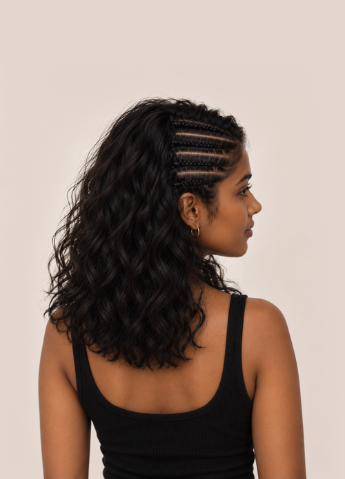 Rear side view of a woman with dark wavy hair and front half cornrows.