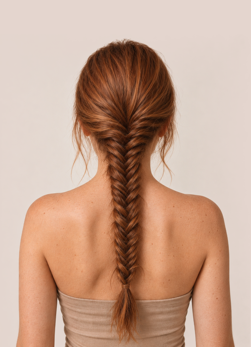 Back view of woman with red hair styled in a loose fishtail braid.