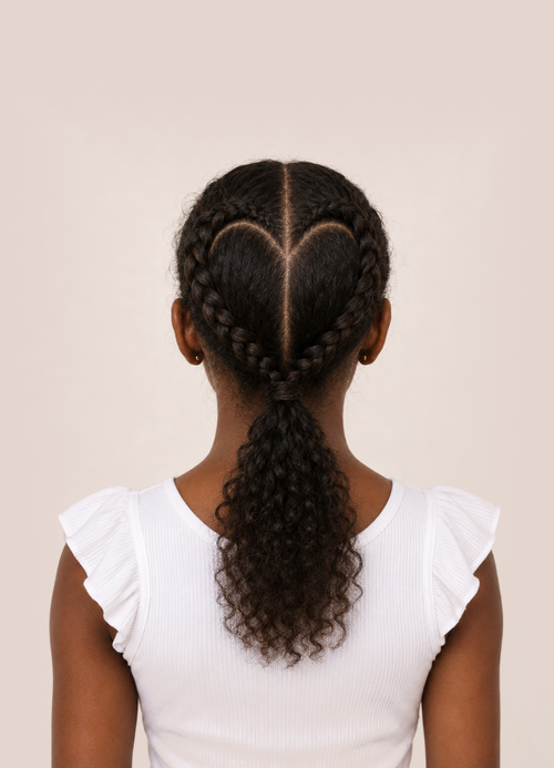 Back view of a young girl with heart-shaped braids gathered into a curly ponytail.