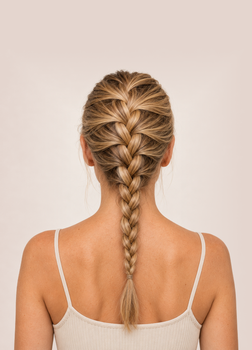 Back view of a woman with blonde hair styled with a classic French braid.