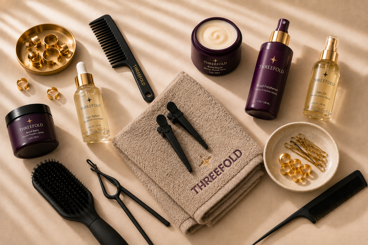 Threefold hair products, styling tools and accessories arranged around a branded towel.