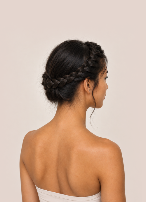 Rear side view of woman with dark hair in a halo braid.