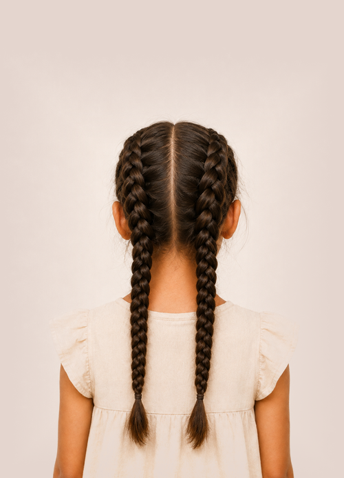 Back view of a young girl with dark hair styled in two classic Dutch braids.