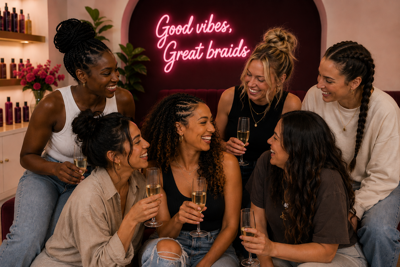 Six friends with varied hairstyles laughing together at a Threefold braid party.