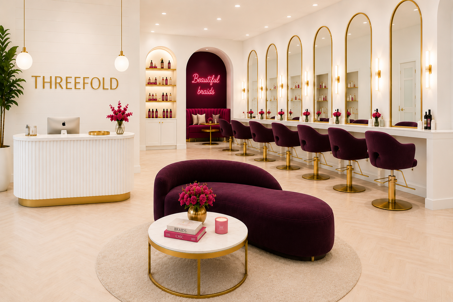 Bright Threefold salon interior with plum styling chairs, gold mirrors and a reception desk.