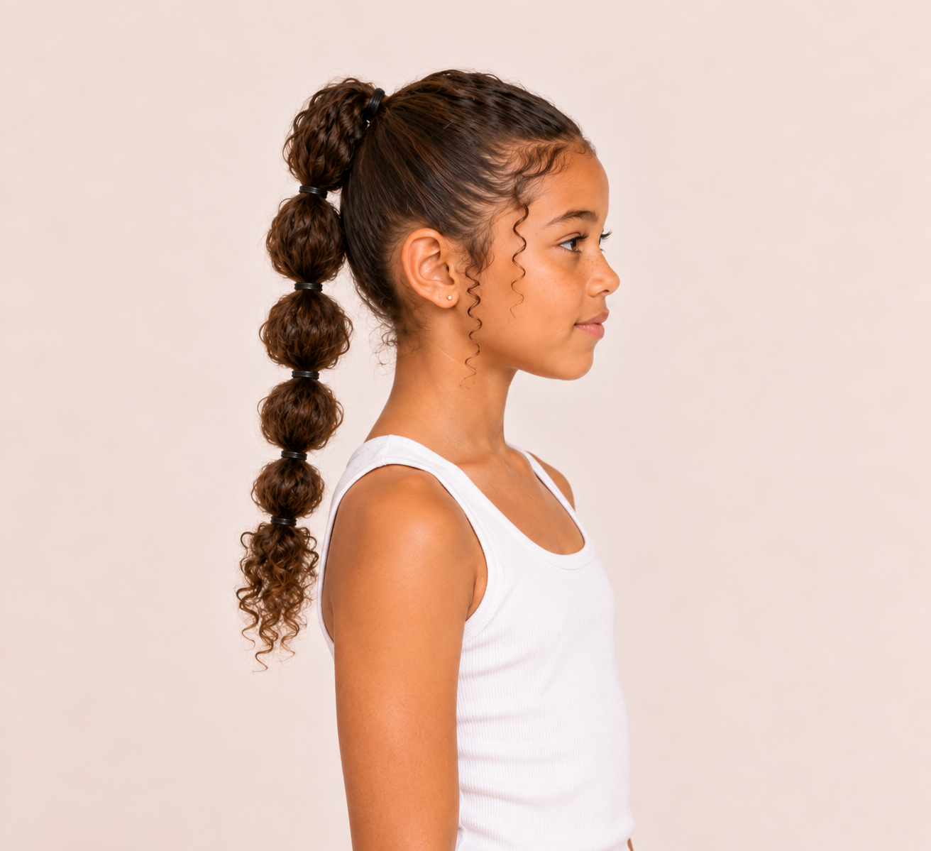 Side profile of a young girl wearing a long bubble braid.