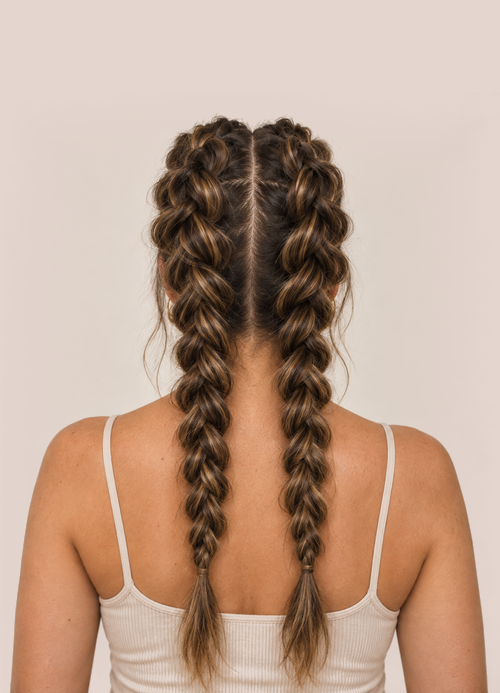 Back view of woman with highlighted brown hair in two soft butterfly braids.