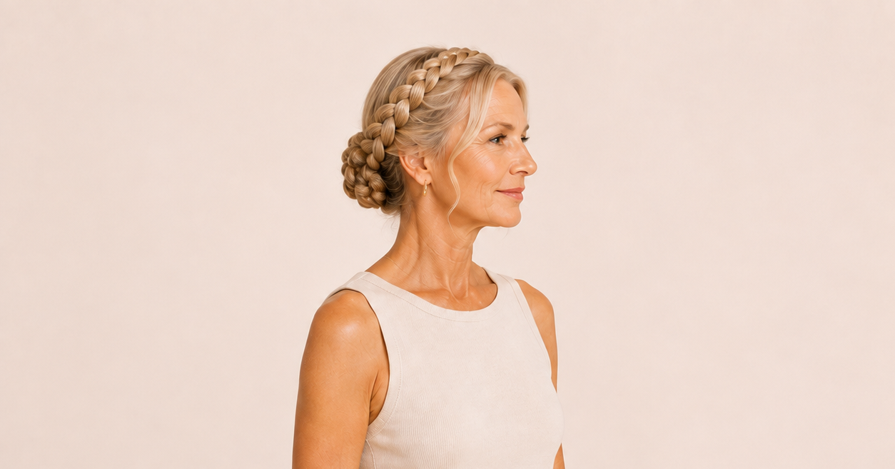 Side profile of a woman with blonde-gray hair styled in a halo braid.