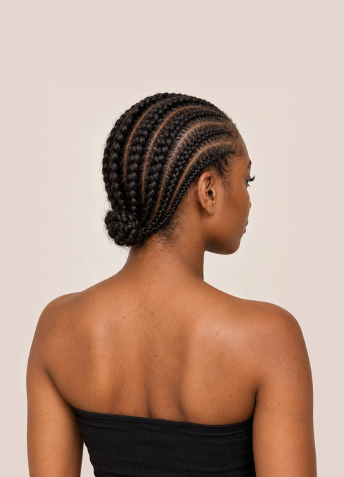 Rear side view of a woman with straight-back cornrows gathered into a low braided bun.