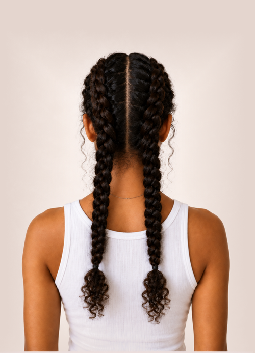 Back view of a woman with dark curly hair in two Dutch braids.