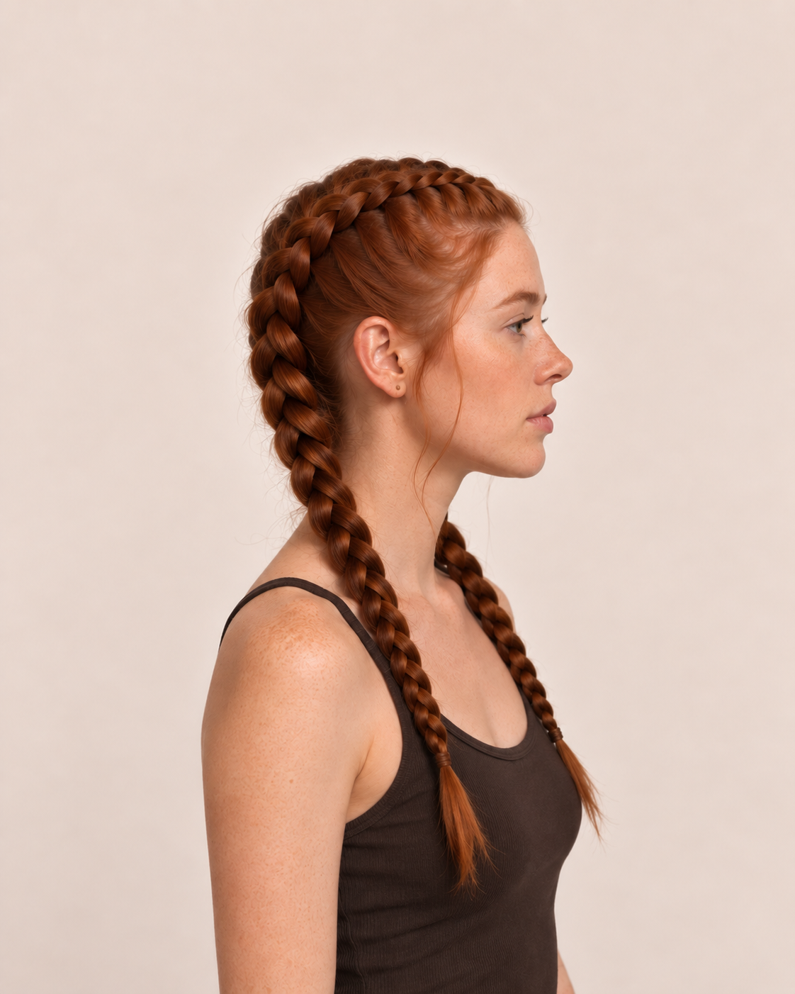 Side profile of a woman with red hair styled in two Dutch braids.