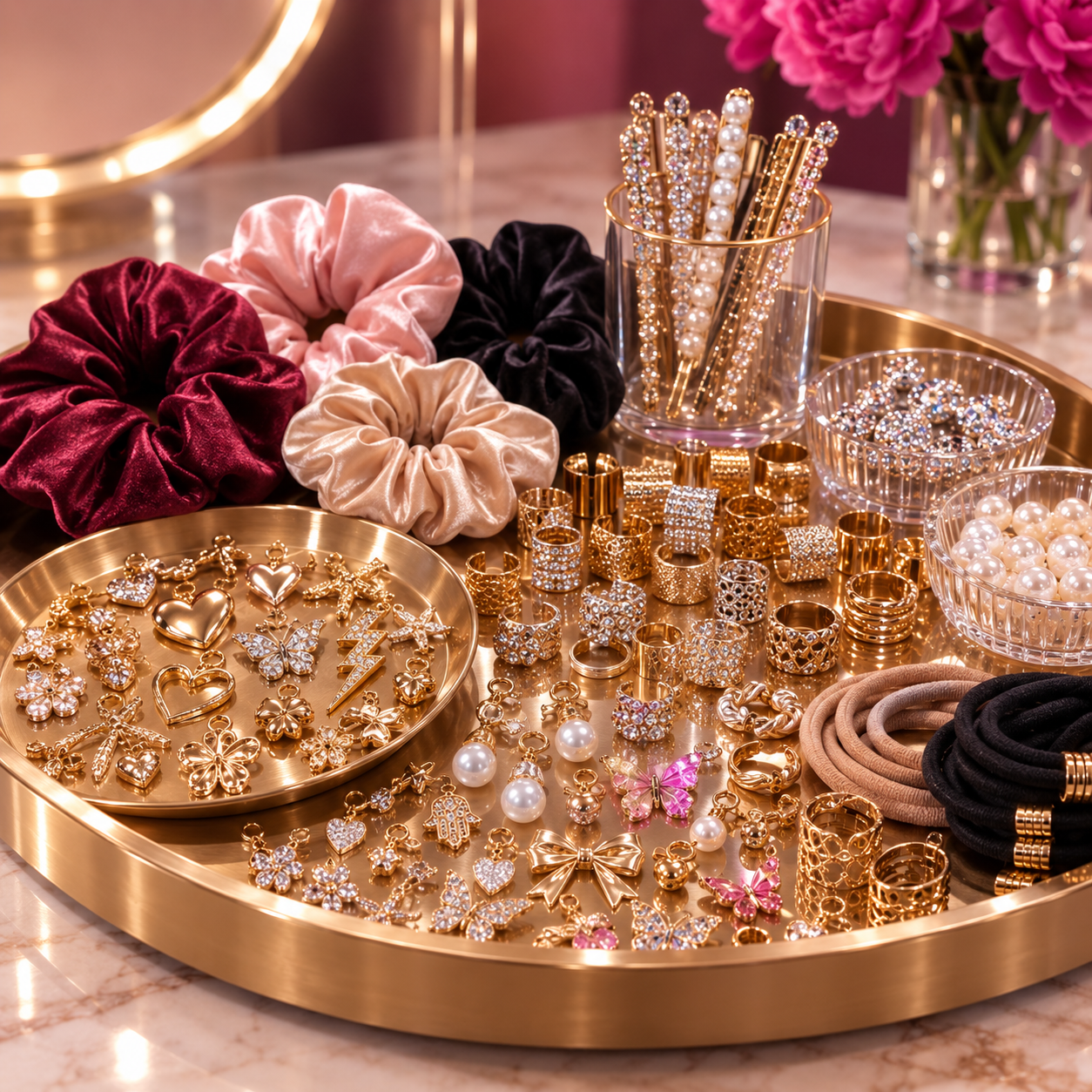 Burgundy, blush and black scrunchies beside gold and pearl hair accessories on a salon counter.