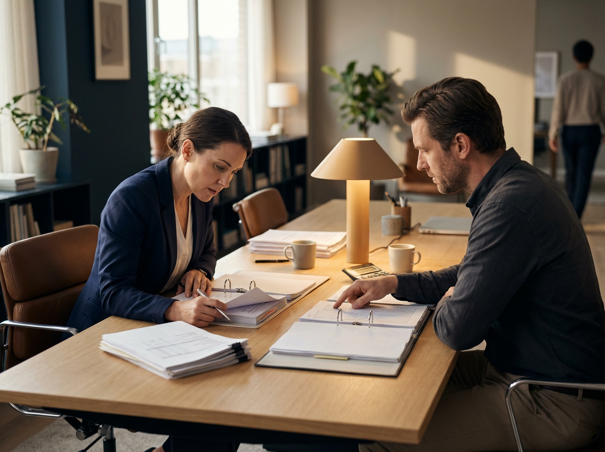 Two professionals, a woman and a man, sitting at a conference table in a modern office, reviewing documents with stacks of papers, notebooks, and coffee mugs on the table, while a person walks in the background.
