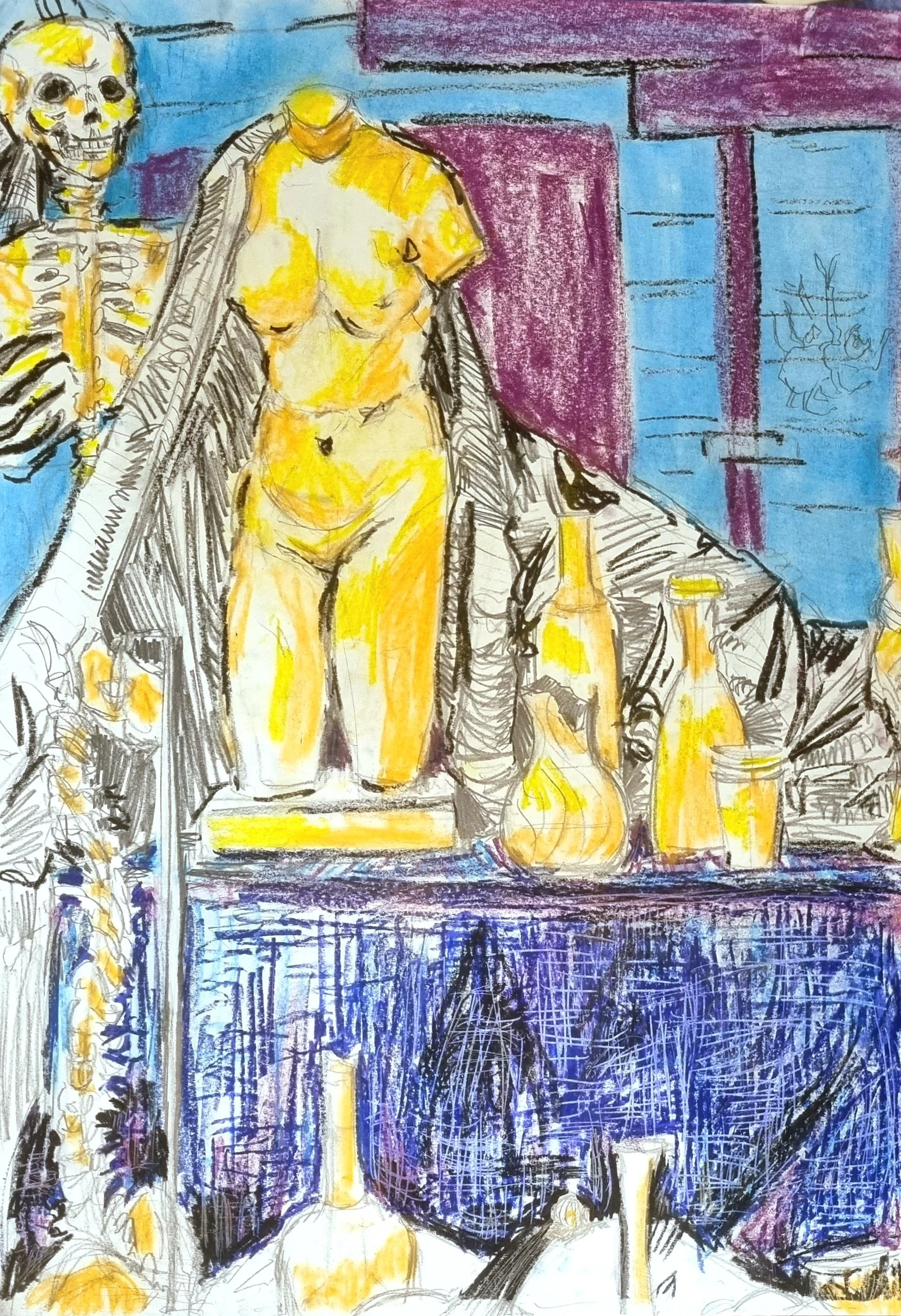 Colorful sketch of a scene with a skeleton, a torso, and bottles on a table against a purple and blue background.