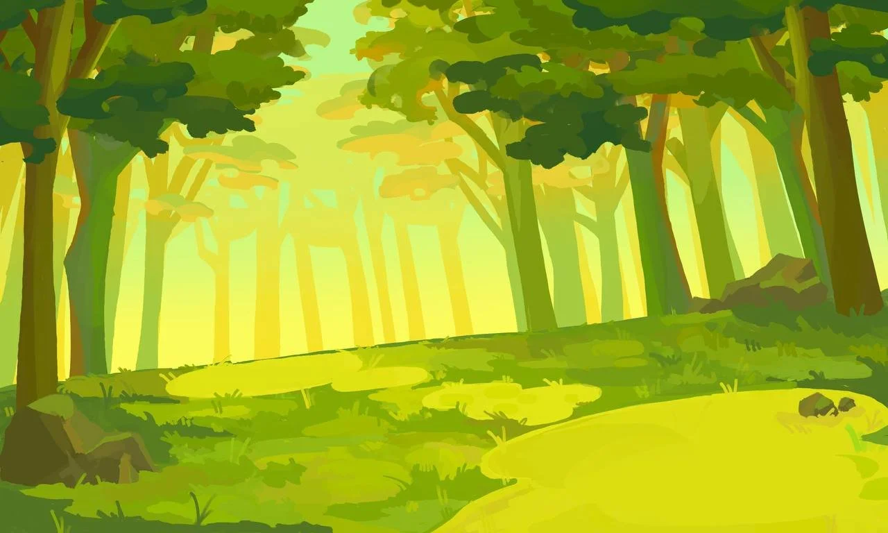 A vibrant digital illustration of a sunlit forest with tall trees and lush green grass, depicting a peaceful woodland scene.
