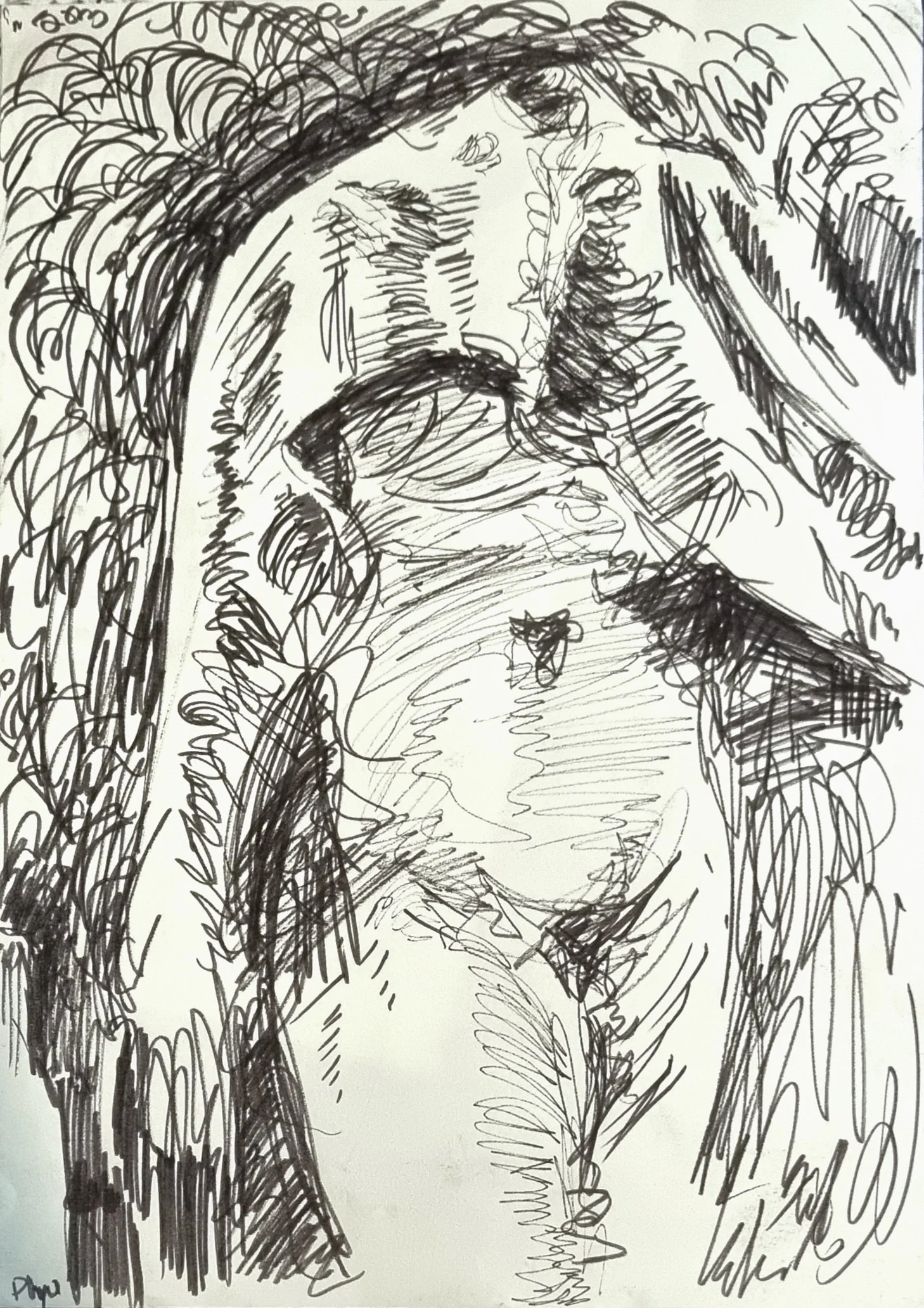 A black ink sketch of Jesus Christ wearing a crown of thorns on his head, looking upwards with a somber expression.